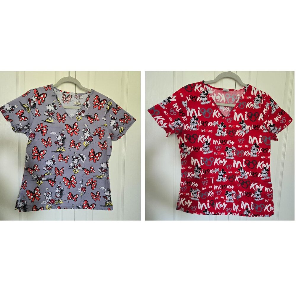 Pair of Disney Mickey Mouse and Minnie Mouse scrub Tops